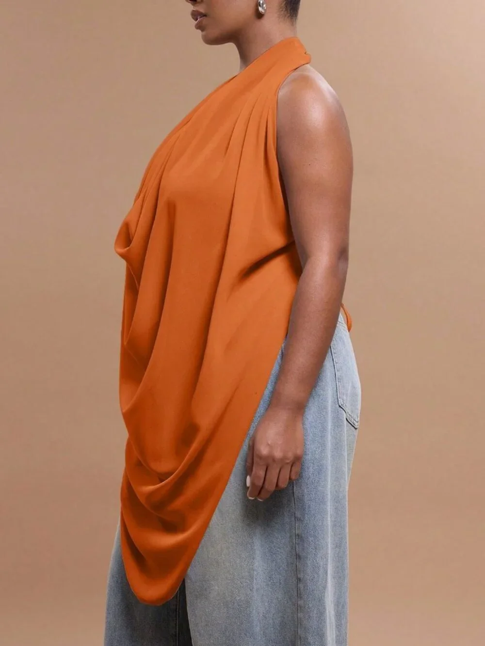 Orange Elegant Women's Plus Size Chiffon Halter Neck Backless Draped Top